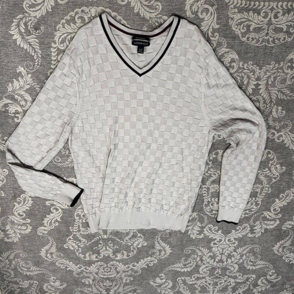 Lands' End Men's V-Neck Sweater LT White Checkered Long Sleeve Pullover